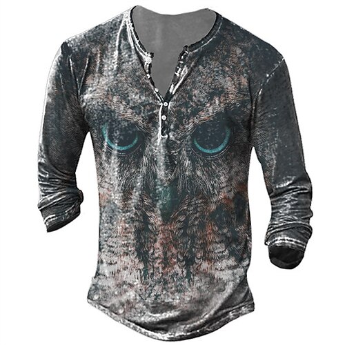 

Men's T shirt Tee Henley Shirt Tee Graphic Animal Henley Gray Long Sleeve 3D Print Plus Size Outdoor Daily Button-Down Print Tops Basic Designer Classic Comfortable / Sports