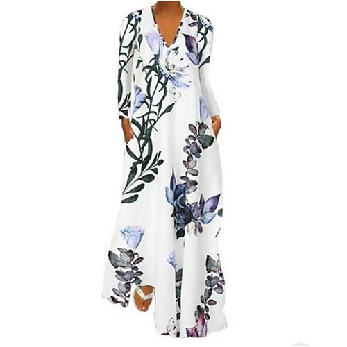 

Damen Casual kleid kleid lang Blau Gelb Weiß Langarm Blumen Tasche Winter Herbst V Ausschnitt winterkleider damen Wochenende herbstkleider 2022 S M L XL XXL 3XL 4XL 5XL