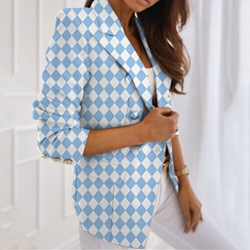 

Women's Blazer Breathable Office Work with Pockets Print Double Breasted Turndown Formal Plaid Regular Fit Outerwear Long Sleeve Winter Fall Blue S M L XL XXL 3XL