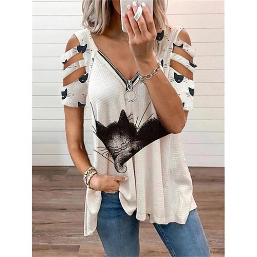 

Women's Blouse Cat Graphic Text Casual Weekend Painting Blouse Short Sleeve Cut Out Quarter Zip Print V Neck Basic White Black Khaki S / 3D Print