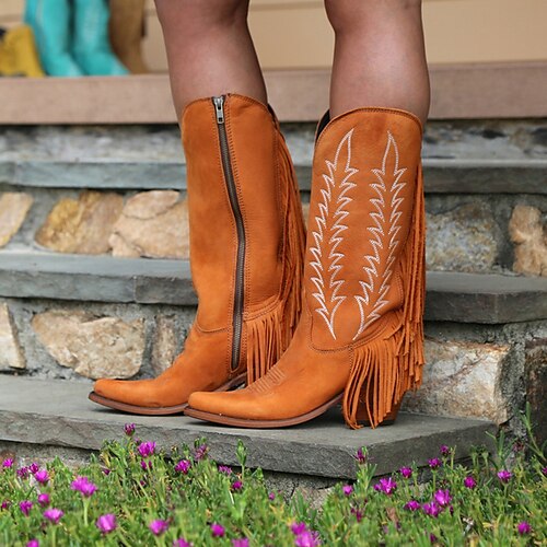 

Women's Boots Cowboy Boots Mid Calf Boots Tassel Chunky Heel Pointed Toe Vintage British Daily Outdoor Walking Shoes Suede Zipper Fall Winter Solid Colored Black Blue Pink