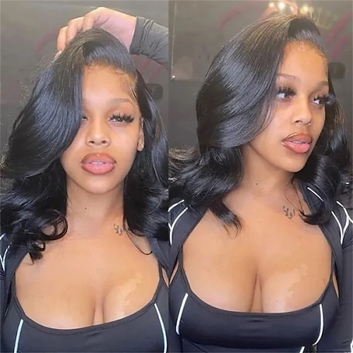 

13x4 Short Human Hair Lace Front Wigs Black Wavy Hair Natural Looking Wave Bob Side Part Wigs for Women180% Density Pre-plucked Natural Hairline Looks Very Natural