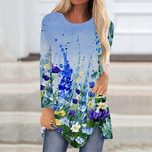 

Women's T shirt Tee Floral Butterfly Holiday Weekend Floral Butterfly Painting T shirt Tee Long Sleeve Print Round Neck Basic Green Blue Purple S / 3D Print