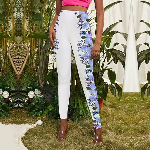 

Women's Tights Leggings Blue Purple Pink Mid Waist Designer Hip-Hop Athleisure Leisure Sports Yoga Print Stretchy Ankle-Length Tummy Control Flower / Floral S M L XL XXL / Skinny