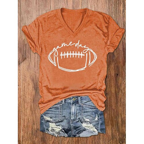 

Women's T shirt Tee Blue Purple Orange Football Print Short Sleeve Sports Weekend Basic V Neck Regular Football Is My Favorite Season Painting S