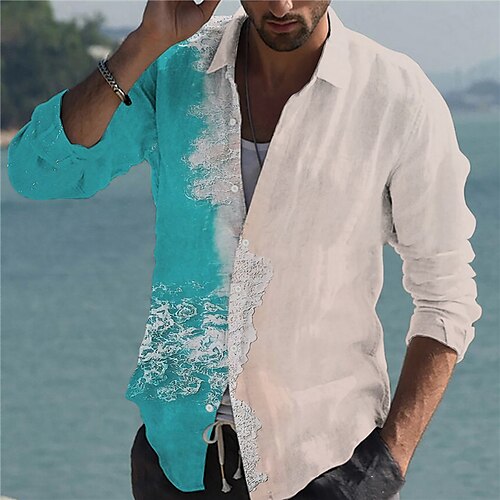 

Men's Shirt Beach Turndown Blue Long Sleeve 3D Print Outdoor Street Button-Down Print Tops Fashion Designer Casual Breathable