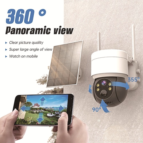 

Solar Security Outdoor WiFi Camera, Pan Tilt 360° View IP66 Waterproof Rechargeable Wireless Battery Powered 1080P PTZ Camera with PIR, Color Night Vision,2-Way Talk, 4dbi Antenna