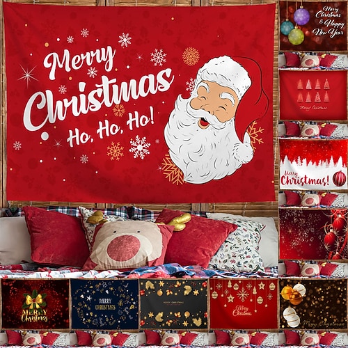 

Christmas Party Wall Tapestry Holiday Santa Claus Snowman Pendant Ball Tree Gift Art Decor Blanket Curtain Hanging Home Bedroom Living Room Decoration Polyester