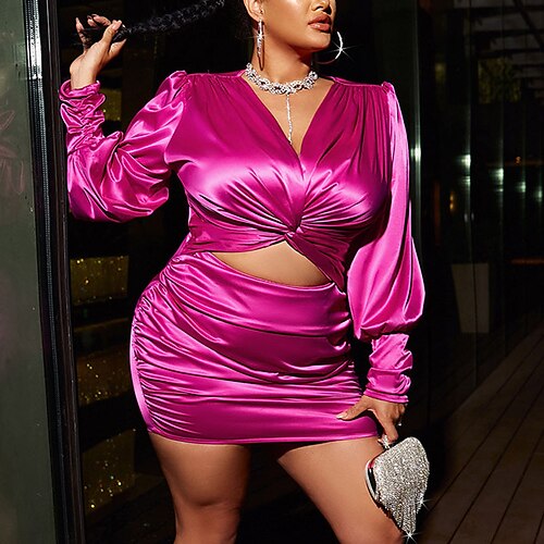 

Women's Plus Size Party Dress Solid Color V Neck Long Sleeve Fall Winter Stylish Sexy Short Mini Dress Party Club Dress