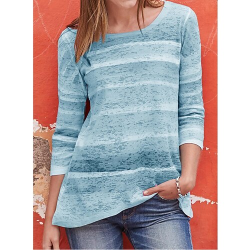 

Women's T shirt Tee Blue Purple Pink Striped Print Long Sleeve Daily Weekend Basic Round Neck Long Painting S / 3D Print