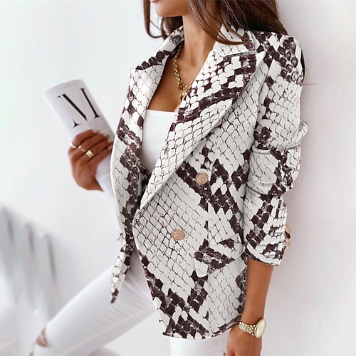 

Women's Blazer Warm Breathable Outdoor Office Work Pocket Print Double Breasted Turndown OL Style Elegant Modern Snake Skin Pattern Regular Fit Outerwear Long Sleeve Winter Fall White S M L XL