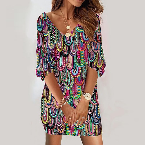 

Women's Casual Dress Bodycon Short Mini Dress Rainbow 3/4 Length Sleeve Floral Print Fall Winter V Neck Vacation Casual 2022 S M L XL XXL 3XL