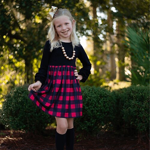 

Kids Little Girls' Dress Plaid A Line Dress Daily Vacation Print Fuchsia Above Knee Long Sleeve Casual Sweet Dresses Fall Winter Regular Fit 3-10 Years