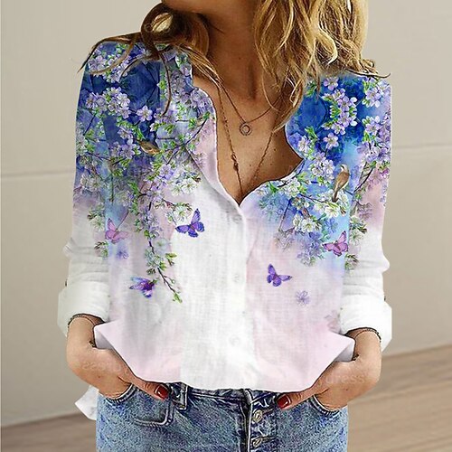 

Women's Blouse Shirt Green White Blue Animal Floral Button Print Long Sleeve Holiday Weekend Streetwear Shirt Collar Regular Floral S / 3D Print