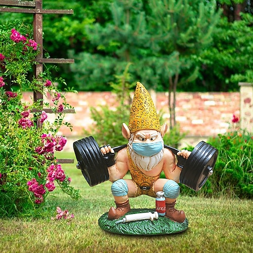 

Garden Gnomes Statue Weightlifting Gnome and Seven Dwarfs Figurine Ornament Funny Outdoor Waterproof Resin Sculpture Decoration for Patio Lawn Yard