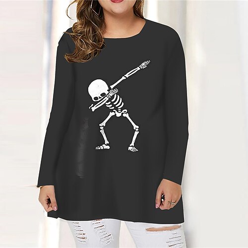 

Women's Plus Size Tops T shirt Tee Skull Pumpkin Print Long Sleeve Crewneck Casual Festival Halloween Halloween Daily Cotton Spandex Jersey Fall Winter Black Orange / 3D Print