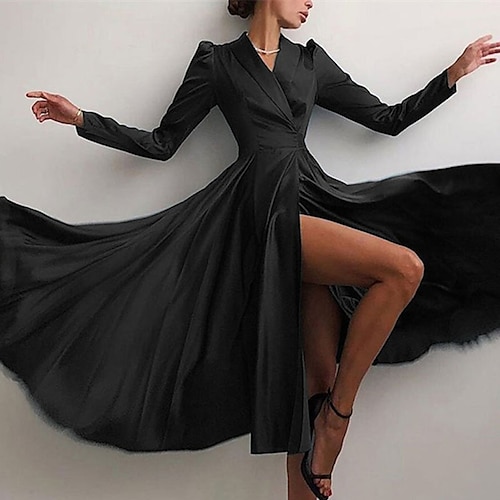 

Women's Swing Dress Black Dress Midi Dress Black Dark Blue Long Sleeve Pure Color Split Fall Winter V Neck Elegant Formal 2022 S M L XL XXL