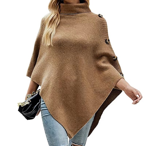 

Women's Poncho Sweater Jumper Ribbed Knit Button Knitted Pure Color Turtleneck Stylish Elegant Outdoor Daily Winter Fall Khaki Red One-Size / Sleeveless / Sleeveless / Casual / Regular Fit