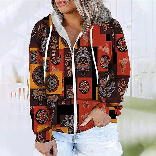 

Women's Plus Size Tops Hoodie Sweatshirt Color Block Tribal Zipper Print Long Sleeve Hooded Vintage Daily Vacation Polyester Fall Winter Yellow / 3D Print