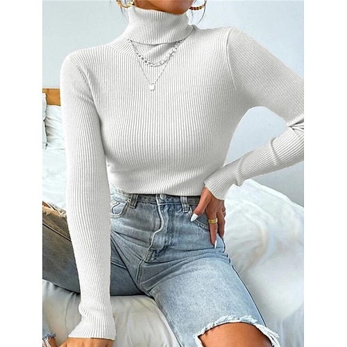 

Women's Pullover Sweater jumper Jumper Ribbed Knit Knitted Pure Color Turtleneck Stylish Casual Outdoor Home Winter Fall Pink Red S M L / Long Sleeve / Regular Fit / Going out