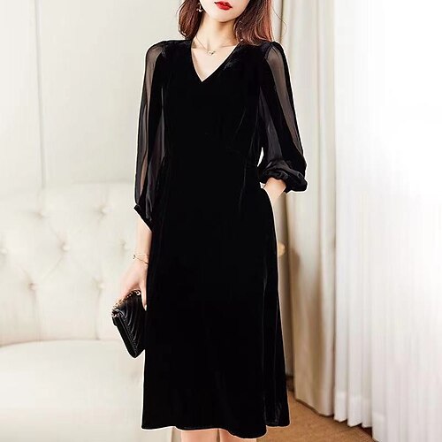 

Women's Velvet Dress Black Dress Knee Length Dress Black 3/4 Length Sleeve Pure Color Velvet Fall Winter V Neck Elegant 2022 S M L XL