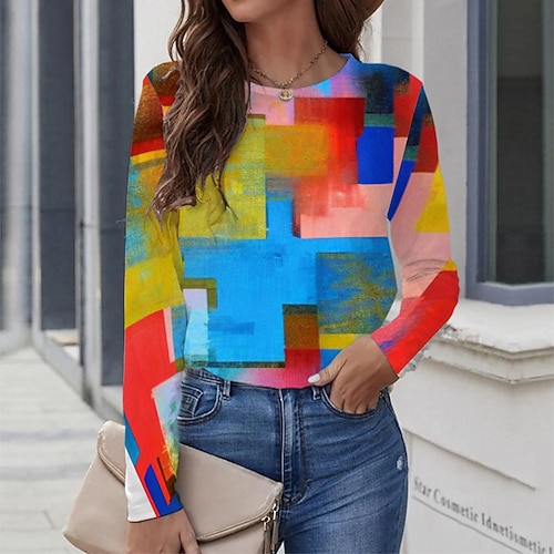 

Women's T shirt Tee Blue Graphic Graffiti Print Long Sleeve Casual Daily Vintage Round Neck Regular Painting S / 3D Print