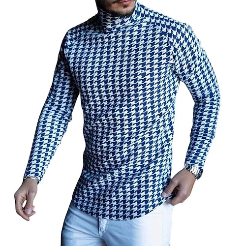 

Men's Unisex T shirt Tee Houndstooth Graphic Prints Turtleneck Blue Long Sleeve 3D Print Outdoor Street Print Tops Basic Sports Casual Big and Tall