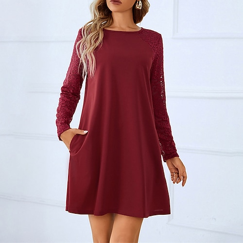 

Women's Casual Dress Red Long Sleeve Lace Winter Fall Autumn Crew Neck Fashion Winter Dress Weekend Fall Dress XS S M L