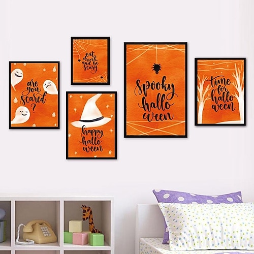 

5 Panels Halloween Words Prints Posters/Picture Ghost Witch Hat Modern Wall Art Wall Hanging Gift Home Decoration Rolled Canvas No Frame Unframed Unstretched