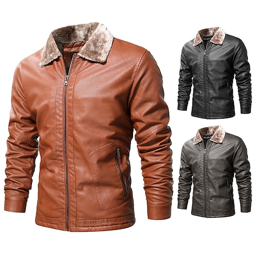 

Men's Faux Leather Jacket Biker Jacket Motorcycle Jacket Thermal Warm Windproof Rain Waterproof Business Causal WorkWear Zipper Lapel Punk Fashion Casual Daily Jacket Outerwear Pure Color Fur Collar