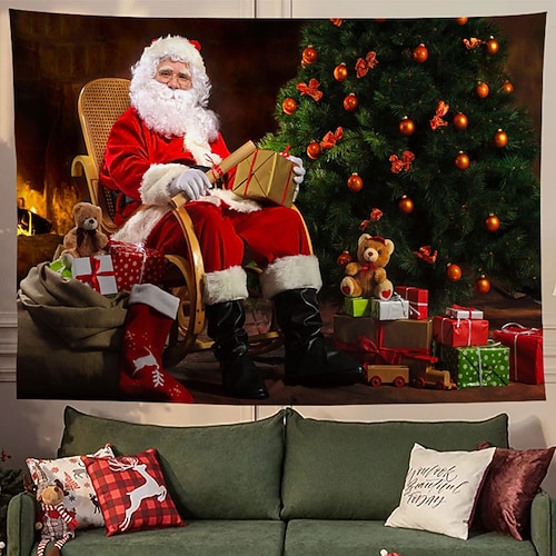 

Christmas Party Wall Tapestry Holiday Santa Claus Snowman Reindeer Tree Gift Art Decor Blanket Curtain Hanging Home Bedroom Living Room Decoration Polyester
