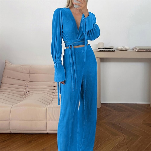 

Women's Pajamas Sets Pjs 2 Pieces Pure Color Comfort Home Daily Polyester V Wire Long Sleeve Adjustable Winter Fall Green Blue