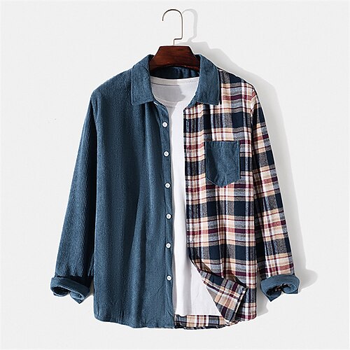 

Men's Shirt Overshirt Plaid Turndown Blue Long Sleeve Print Daily Holiday Button-Down Tops Cotton Fashion Casual Comfortable Pocket