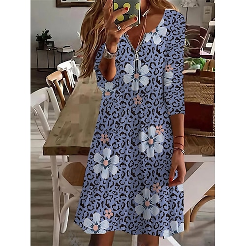 

Women's Casual Dress Shift Dress Knee Length Dress Blue Navy Blue 3/4 Length Sleeve Floral Zipper Print Fall Winter V Neck Stylish Casual 2022 L XL XXL 3XL 4XL 5XL 6XL