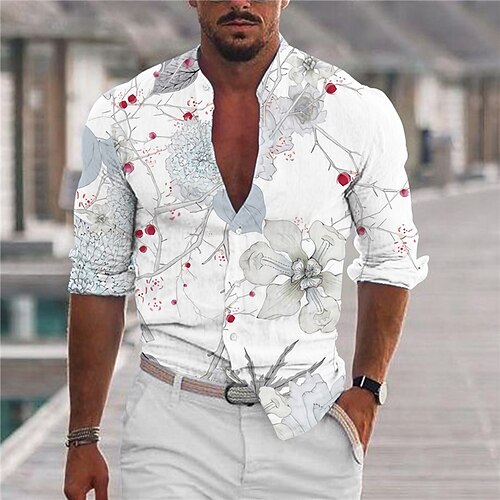

Men's Shirt Graphic Shirt Floral Stand Collar Gray 3D Print Outdoor Casual Long Sleeve Button-Down Print Clothing Apparel Fashion Designer Casual Comfortable / Sports