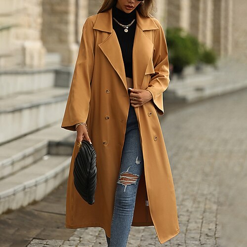 

Women's Trench Coat Windproof Warm Outdoor Street Daily Vacation Lace up Button Pocket Single Breasted Turndown Fashion Modern Street Style Solid Color Regular Fit Outerwear Long Sleeve Winter Fall