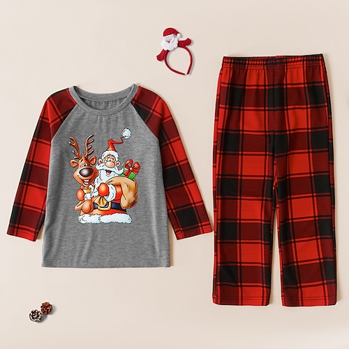 

2 Pieces Kids Unisex Christmas Clothing Set Outfit Plaid Deer Santa Claus Long Sleeve Patchwork Set Indoor Daily Casual Fall Spring 2-8 Years Gray