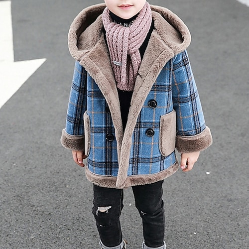 

Kids Boys Woolen Coat Outerwear Plaid Long Sleeve Coat Daily Cotton Cool Blue Camel Winter Fall 2-12 Years