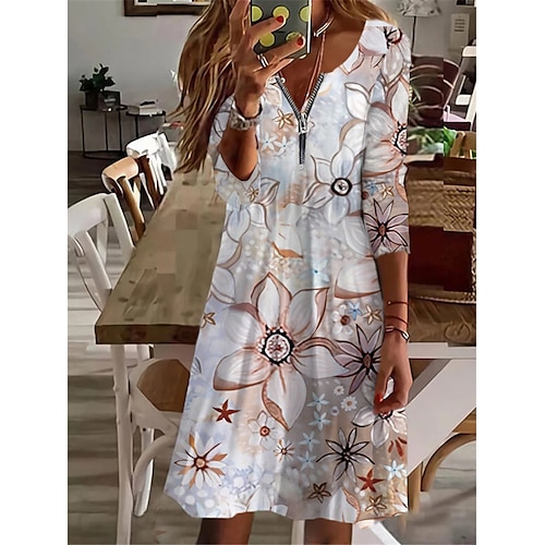 

Vestido casual feminino um vestido de linha vestido na altura do joelho cáqui manga longa estampa com zíper floral outono inverno decote em v férias casual 2022 6xl