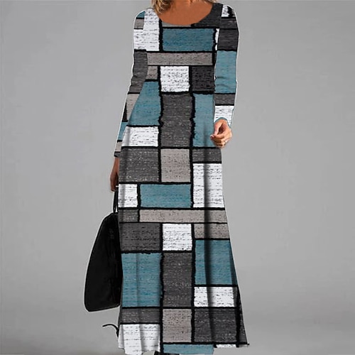

Women's Casual Dress Swing Dress Long Dress Maxi Dress Blue Long Sleeve Geometric Pocket Winter Fall Autumn V Neck Winter Dress Fall Dress 2022 S M L XL XXL 3XL