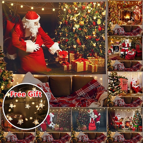 

Christmas Party Wall Tapestry Holiday Fireplace Santa Claus Gift Art Decor Blanket Curtain Hanging Home Bedroom Living Room Decoration Polyester (with LED String Lights)