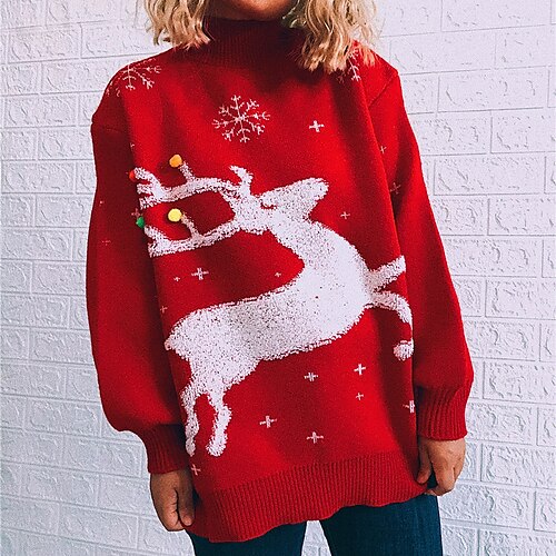 

Women's Pullover Sweater Jumper Ribbed Knit Knitted Print Snowflake Stand Collar Stylish Casual Christmas Daily Fall Winter Red Beige S M L / Long Sleeve