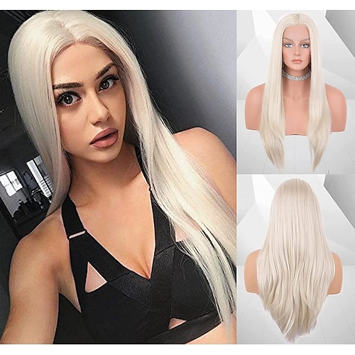 

White Blonde Glueless 60 Lace Front Wigs for Women Realistic Looking Synthetic Hair Platinum Blonde Wig 24 inch Hair Replacement Lace Wig with Middle Part