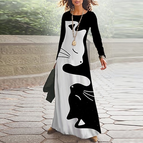 

Women's Casual Dress A Line Dress Maxi long Dress Black Khaki Long Sleeve Floral Cat Animal Pocket Print Fall Winter V Neck Casual Vacation 2022 S M L XL XXL 3XL