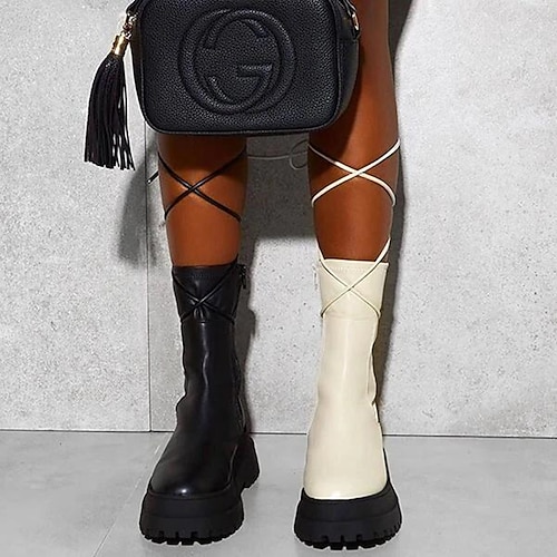 

Women's Unisex Boots Plus Size Lace Up Boots Booties Ankle Boots Lace-up Chunky Heel Round Toe Casual Minimalism Outdoor Daily PU Leather Zipper Fall Winter Solid Colored White Black