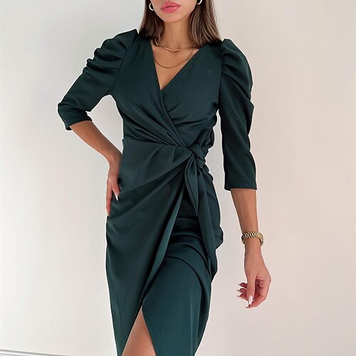 

Women's Shirt Dress Sheath Dress Midi Dress Black Dark Green Dark Blue 3/4 Length Sleeve Pure Color Lace up Winter Fall V Neck Fashion 2022 S M L XL