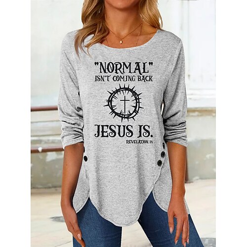 

Women's T shirt Tee Green Blue Khaki Letter Long Sleeve Casual Weekend Basic Round Neck Regular S