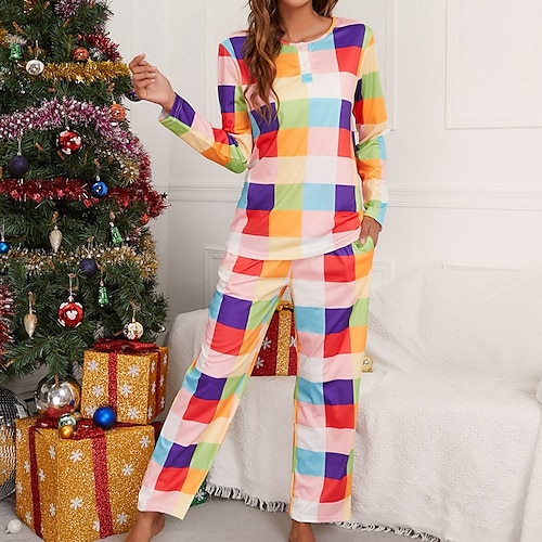 

Women's ChristmasPjs Pajamas Sets 2 Pieces Grid / Plaid Comfort Home Crew Neck Winter Fall Pink