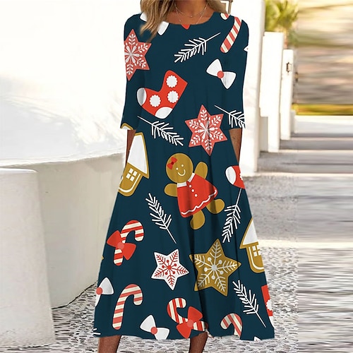 

Women's Casual Dress Shift Dress Midi Dress Navy Blue 3/4 Length Sleeve Snowflake Ruched Print Fall Winter Round Neck Vacation Casual 2022 S M L XL XXL 3XL