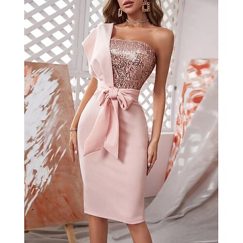 

Women's Party Dress Sequin Dress Sheath Dress Pink Short Sleeve Pure Color Sequins Winter Fall Autumn One Shoulder Fashion Wedding Wedding Guest 2022 S M L XL 2XL 3XL